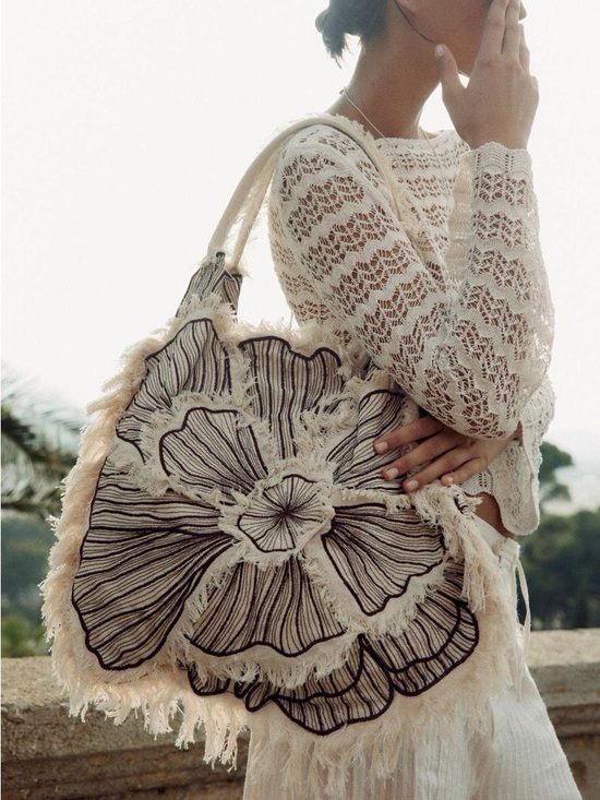 Zara Handbags - Zara NWT Embroidered Flower Fringe Canvas Tote Bag XL Linen Boho Summer
